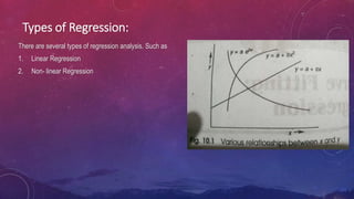 Types of Regression:
There are several types of regression analysis. Such as
1. Linear Regression
2. Non- linear Regression
 
