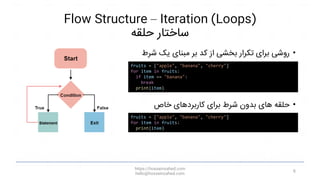 Flow Structure – Iteration (Loops)
‫حلقه‬ ‫ساختار‬
•
‫شرط‬ ‫یک‬ ‫مبنای‬ ‫بر‬ ‫کد‬ ‫از‬ ‫بخشی‬ ‫تکرار‬ ‫برای‬ ‫روشی‬
•
‫خاص...