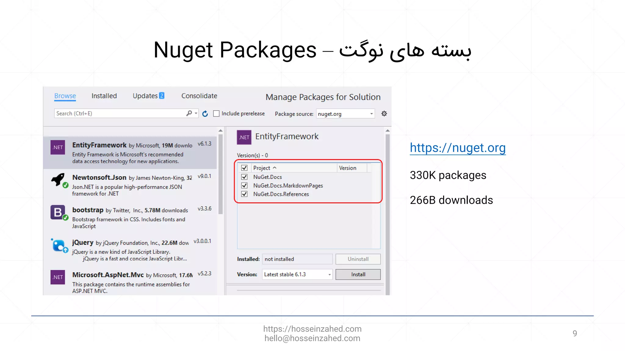 Nuget Packages – ‫نوگت‬ ‫های‬ ‫بسته‬
https://hosseinzahed.com
hello@hosseinzahed.com
9
https://nuget.org
330K packages
266B downloads
 
