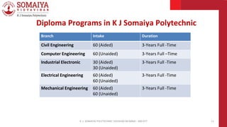 K. J. SOMAIYA POLYTECHNIC VIDVIHAR MUMBAI - 400 077 11
Diploma Programs in K J Somaiya Polytechnic
Branch Intake Duration
Civil Engineering 60 (Aided) 3-Years Full -Time
Computer Engineering 60 (Unaided) 3-Years Full –Time
Industrial Electronic 30 (Aided)
30 (Unaided)
3-Years Full -Time
Electrical Engineering 60 (Aided)
60 (Unaided)
3-Years Full -Time
Mechanical Engineering 60 (Aided)
60 (Unaided)
3-Years Full -Time
 