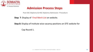 19
Step 7: Display of Final Merit List on website.
Step 8: Display of Institute wise vacancy positions on DTE website for
Cap Round 1.
Admission Process Steps
Post SSC Diploma & HSC Diploma Admission Procedure
K. J. SOMAIYA POLYTECHNIC VIDVIHAR MUMBAI - 400 077
 