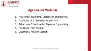 1. Awareness regarding Diploma in Engineering
2. A glimpse of K J Somaiya Polytechnic
3. Admission Procedure for Diploma Engineering
4. Feedback From Alumni
5. Question / Answer Session
K. J. SOMAIYA POLYTECHNIC VIDVIHAR MUMBAI - 400 077 2
Agenda For Webinar
 