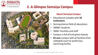 2. A Glimpse Somaiya Campus
About Somaiya Campus
• Educational complex with 34
institutions
• Serving diverse field of educations
• 39000+ Students
• 3000+ Faculties and staff
• Campus is full of lush green beauty
• 65 acre campus with all facilities from
volleyball court to world class
swimming facility.
K. J. SOMAIYA POLYTECHNIC VIDVIHAR MUMBAI - 400 077 7
 