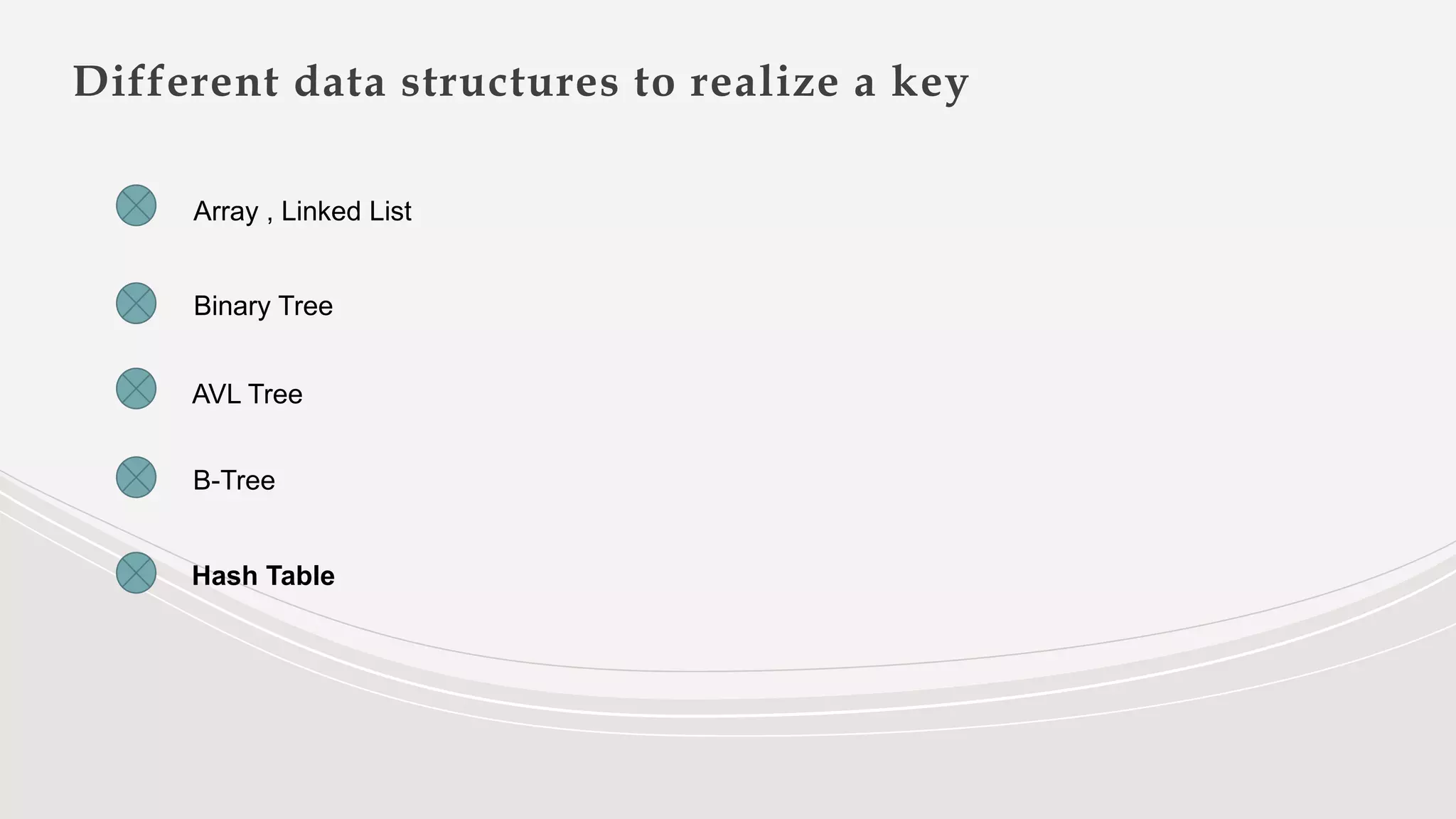 Different data structures to realize a key
Binary Tree
Array , Linked List
AVL Tree
B-Tree
Hash Table
 