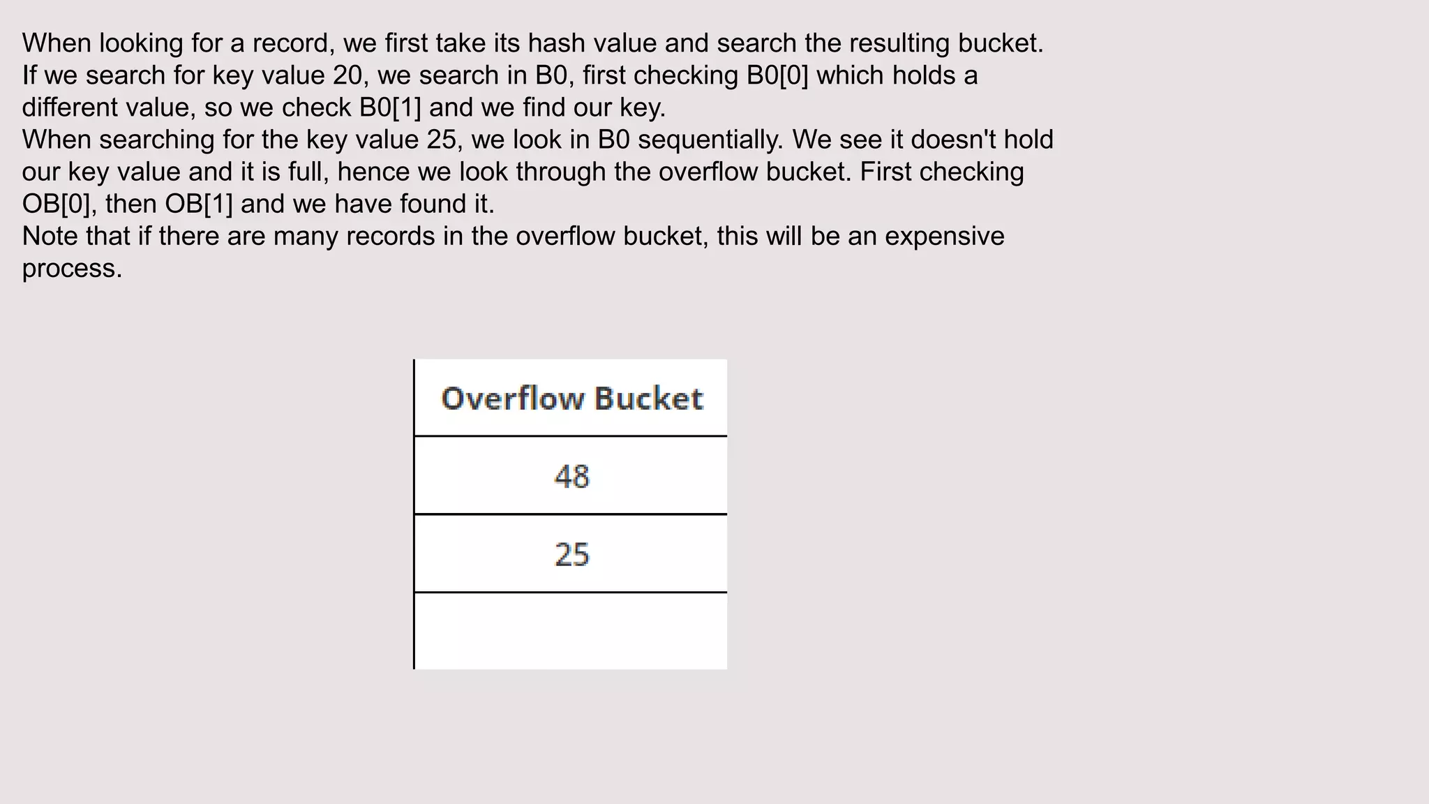 When looking for a record, we first take its hash value and search the resulting bucket.
If we search for key value 20, we search in B0, first checking B0[0] which holds a
different value, so we check B0[1] and we find our key.
When searching for the key value 25, we look in B0 sequentially. We see it doesn't hold
our key value and it is full, hence we look through the overflow bucket. First checking
OB[0], then OB[1] and we have found it.
Note that if there are many records in the overflow bucket, this will be an expensive
process.
 