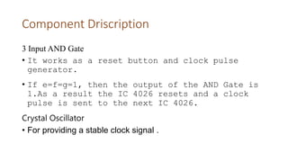 Component Driscription
3 Input AND Gate
• It works as a reset button and clock pulse
generator.
• If e=f=g=1, then the output of the AND Gate is
1.As a result the IC 4026 resets and a clock
pulse is sent to the next IC 4026.
Crystal Oscillator
• For providing a stable clock signal .
 