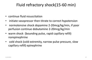 Fluid refractory shock(15-60 min)
• continue fluid resuscitation
• initiate vasopressor then titrate to correct hypotensio...