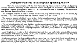 Coping Mechanisms in Dealing with Speaking Anxiety
Thematic analysis implies with the final theme:Coping Mechanisms in dea...