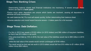 Stage Two: Banking Crises
• Deteriorating balance sheets lead financial institutions into insolvency. If severe enough, these
factors can lead to a bank panic.
•Panics occur when depositors are unsure which banks are insolvent, causing all depositors to
withdraw all funds immediately
•As cash balances fall, FIs must sell assets quickly, further deteriorating their balance sheet
•Adverse selection and moral hazard become severe – it takes years for a full recovery
Stage Three: Debt Deflation:
• if a firm in 2015 has assets of $100 million (in 2015 dollars) and $90 million of long-term liabilities,
so that it has $10 million in net worth
• If the price level falls by 10% in 2016, the real value of the liabilities would rise to $99 million in 2015
dollars.
• while the real value of the assets would remain unchanged at $100 million.
• The result would be that real net worth in 2015 dollars would fall from $10 million to $1 million ($100
million minus $99 million).
 