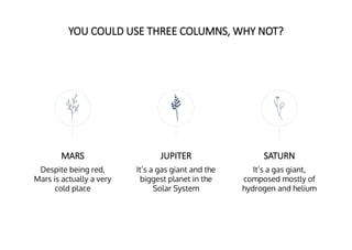 YOU COULD USE THREE COLUMNS, WHY NOT?
MARS
Despite being red,
Mars is actually a very
cold place
JUPITER
It’s a gas giant and the
biggest planet in the
Solar System
SATURN
It’s a gas giant,
composed mostly of
hydrogen and helium
 