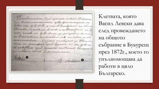 Клетвата, която
Васил Левски дава
след провеждането
на общото
събрание в Букурещ
през 1872г., което го
упълномощава да
работи в цяло
Българско.
 