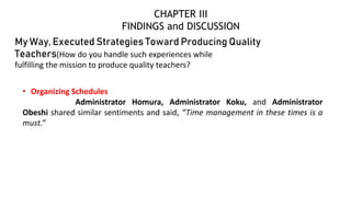 My Way, Executed Strategies Toward Producing Quality
Teachers(How do you handle such experiences while
fulfilling the mission to produce quality teachers?
• Organizing Schedules
Administrator Homura, Administrator Koku, and Administrator
Obeshi shared similar sentiments and said, “Time management in these times is a
must.”
CHAPTER III
FINDINGS and DISCUSSION
 