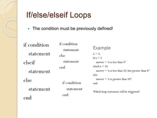 If/else/elseif Loops
 The condition must be previously defined!
 