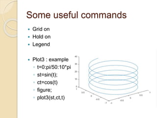 Some useful commands
 Grid on
 Hold on
 Legend
 Plot3 : example
◦ t=0:pi/50:10*pi;
◦ st=sin(t);
◦ ct=cos(t)
◦ figure;
◦ plot3(st,ct,t)
 