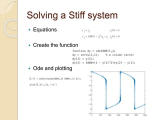 Solving a Stiff system
 Equations
 Create the function
 Ode and plotting
 