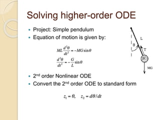 Solving higher-order ODE
 Project: Simple pendulum
 Equation of motion is given by:
 2nd order Nonlinear ODE
 Convert the 2nd order ODE to standard form
 