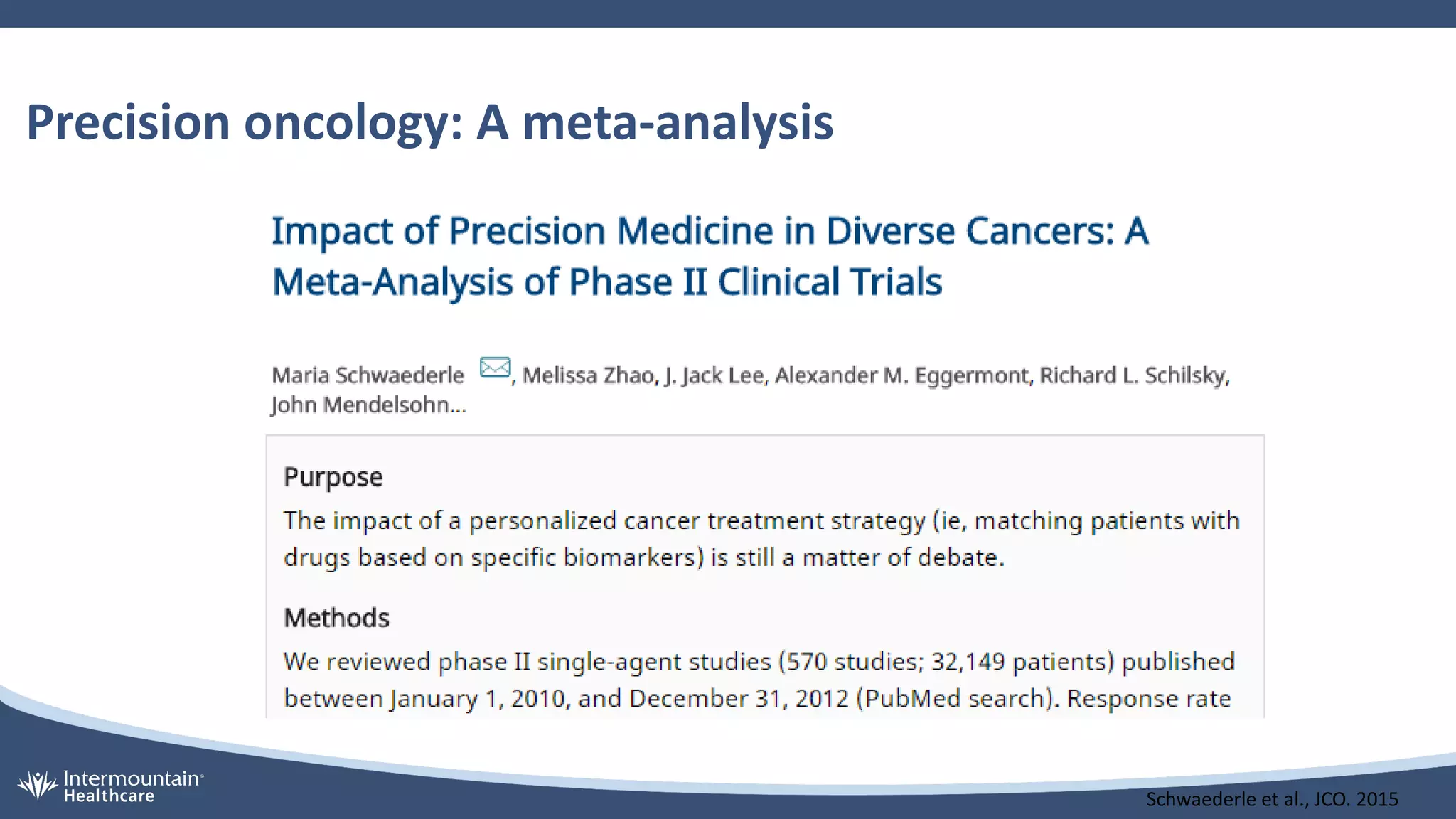 Precision oncology: A meta-analysis
Schwaederle et al., JCO. 2015
 