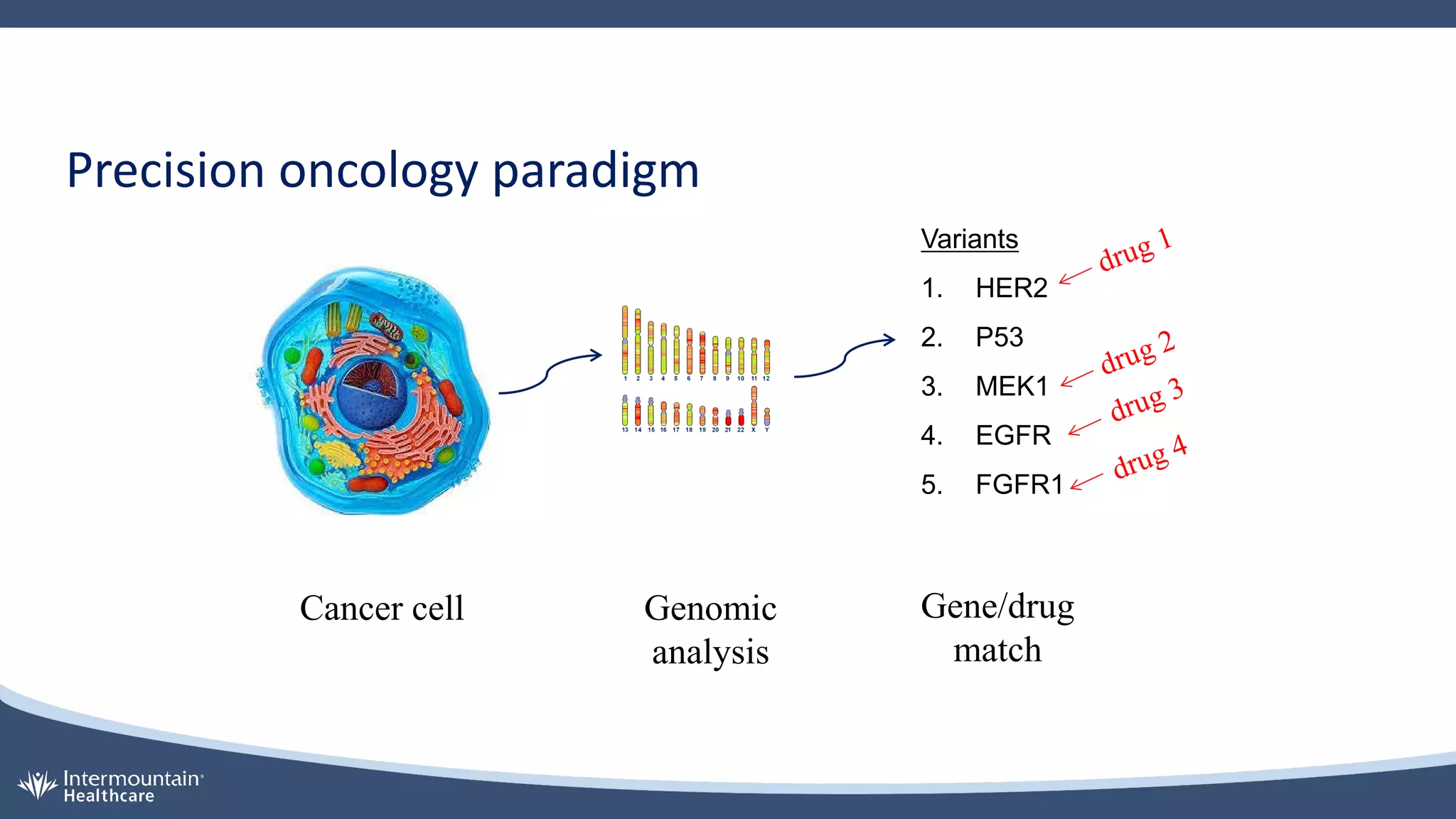 Precision oncology paradigm
Variants
1. HER2
2. P53
3. MEK1
4. EGFR
5. FGFR1
Genomic
analysis
Cancer cell Gene/drug
match
 