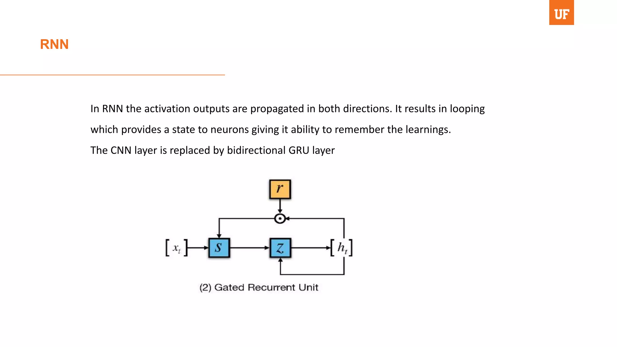 RNN
In RNN the activation outputs are propagated in both directions. It results in looping
which provides a state to neurons giving it ability to remember the learnings.
The CNN layer is replaced by bidirectional GRU layer
 