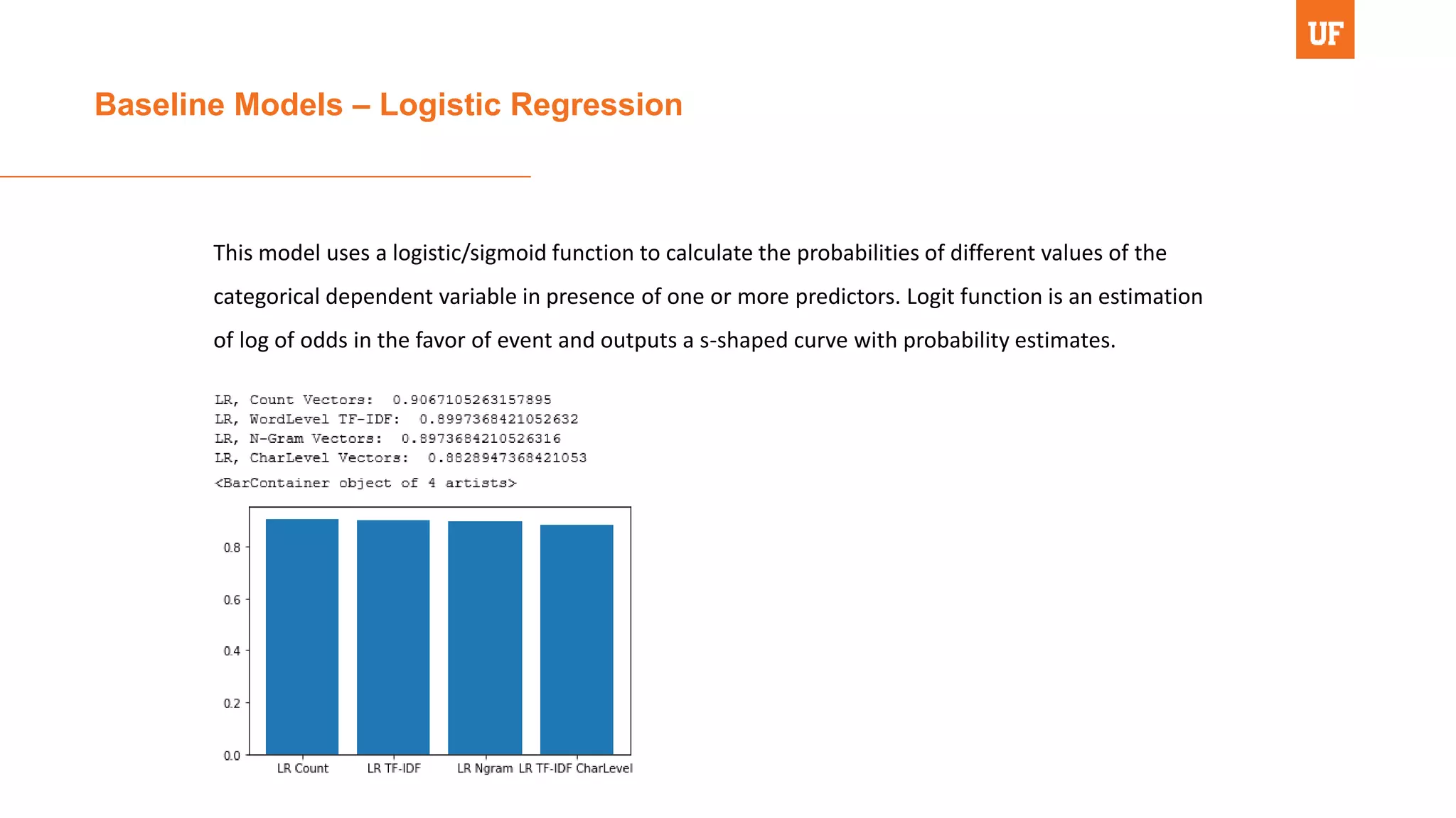 Baseline Models – Logistic Regression
This model uses a logistic/sigmoid function to calculate the probabilities of different values of the
categorical dependent variable in presence of one or more predictors. Logit function is an estimation
of log of odds in the favor of event and outputs a s-shaped curve with probability estimates.
 
