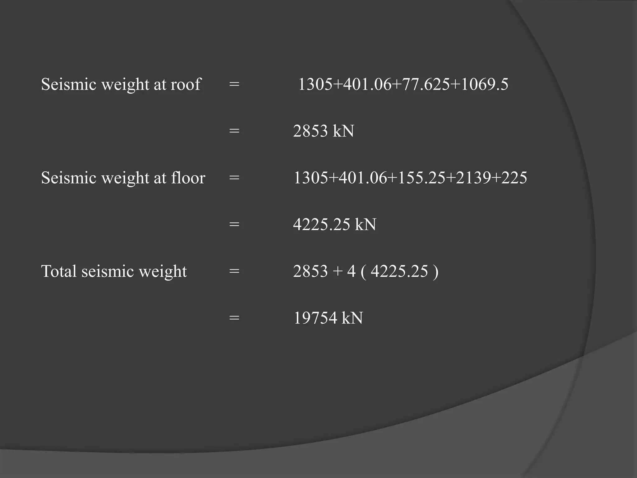 Seismic weight at roof = 1305+401.06+77.625+1069.5
= 2853 kN
Seismic weight at floor = 1305+401.06+155.25+2139+225
= 4225.25 kN
Total seismic weight = 2853 + 4 ( 4225.25 )
= 19754 kN
 