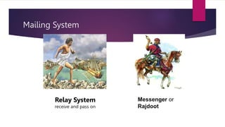 Mailing System
Relay System
receive and pass on
Messenger or
Rajdoot
 