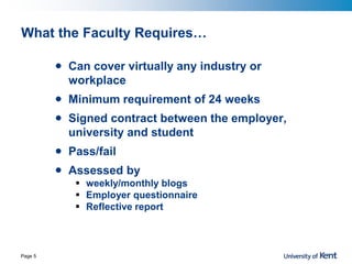 What the Faculty Requires…
• Can cover virtually any industry or
workplace
• Minimum requirement of 24 weeks
• Signed contract between the employer,
university and student
• Pass/fail
• Assessed by
 weekly/monthly blogs
 Employer questionnaire
 Reflective report
Page 5
 