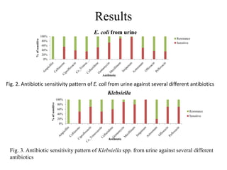 Results
0%
20%
40%
60%
80%
100%
%
of
sensitive
Antibiotic
E. coli from urine
Resistance
Sensitive
Fig. 2. Antibiotic sensitivity pattern of E. coli from urine against several different antibiotics
0%
20%
40%
60%
80%
100%
%
of
sensitive
Antibiotic
Klebsiella
Resistance
Sensitive
Fig. 3. Antibiotic sensitivity pattern of Klebsiella spp. from urine against several different
antibiotics
 
