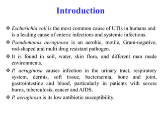 Introduction
 Escherichia coli is the most common cause of UTIs in humans and
is a leading cause of enteric infections and systemic infections.
 Pseudomonas aeruginosa is an aerobic, motile, Gram-negative,
rod-shaped and multi drug resistant pathogen.
 It is found in soil, water, skin flora, and different man made
environments.
 P. aeruginosa causes infection in the urinary tract, respiratory
system, dermis, soft tissue, bacteraemia, bone and joint,
gastrointestine and blood, particularly in patients with severe
burns, tuberculosis, cancer and AIDS.
 P. aeruginosa is its low antibiotic susceptibility.
 