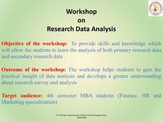 D N Roopa Department of Mechanical Engineering,
JSSATEB
Workshop
on
Research Data Analysis
Objective of the workshop: To provide skills and knowledge which
will allow the students to learn the analysis of both primary research data
and secondary research data .
Outcome of the workshop: The workshop helps students to gain the
practical insight of data analysis and develops a greater understanding
about research survey and analysis
Target audience: 4th semester MBA students (Finance, HR and
Marketing specialization)
 