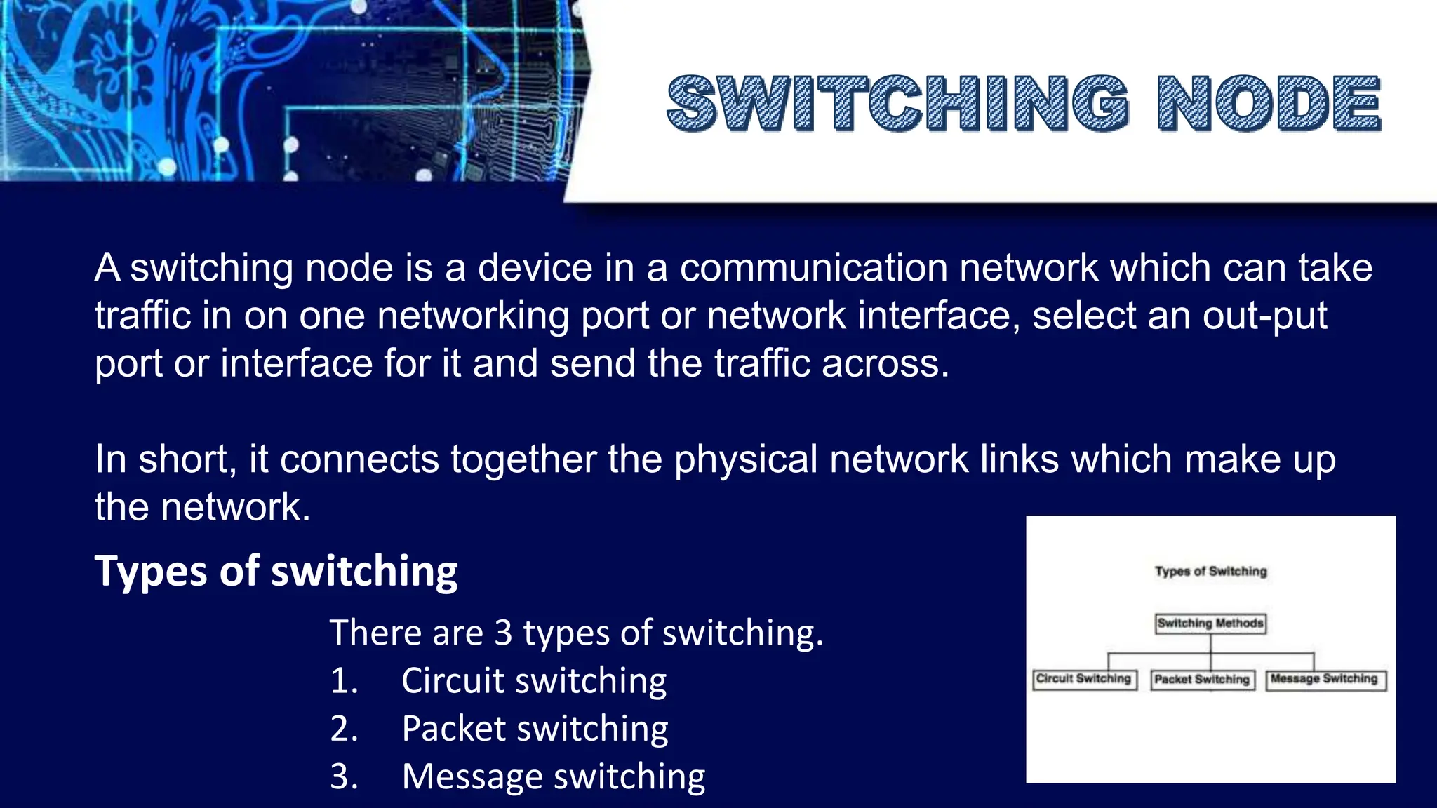 A switching node is a device in a communication network which can take
traffic in on one networking port or network interface, select an out-put
port or interface for it and send the traffic across.
In short, it connects together the physical network links which make up
the network.
Types of switching
There are 3 types of switching.
1. Circuit switching
2. Packet switching
3. Message switching
 
