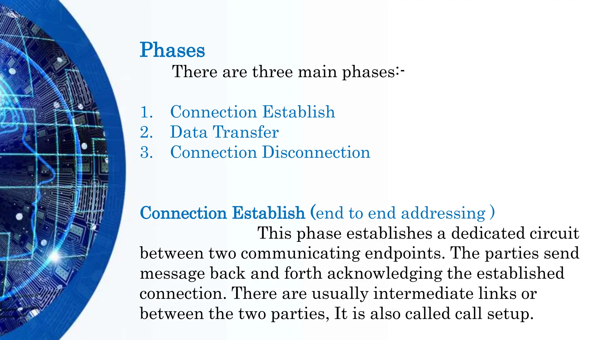 Phases
There are three main phases:-
1. Connection Establish
2. Data Transfer
3. Connection Disconnection
Connection Establish (end to end addressing )
This phase establishes a dedicated circuit
between two communicating endpoints. The parties send
message back and forth acknowledging the established
connection. There are usually intermediate links or
between the two parties, It is also called call setup.
 