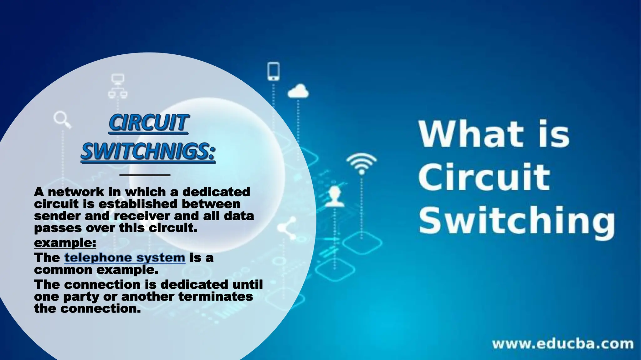 A network in which a dedicated
circuit is established between
sender and receiver and all data
passes over this circuit.
example:
The is a
common example.
The connection is dedicated until
one party or another terminates
the connection.
 