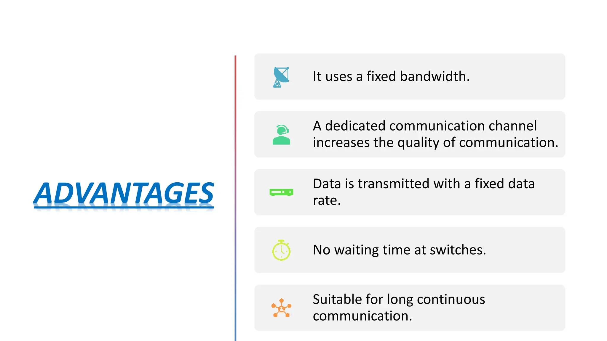 ADVANTAGES
It uses a fixed bandwidth.
A dedicated communication channel
increases the quality of communication.
Data is transmitted with a fixed data
rate.
No waiting time at switches.
Suitable for long continuous
communication.
 