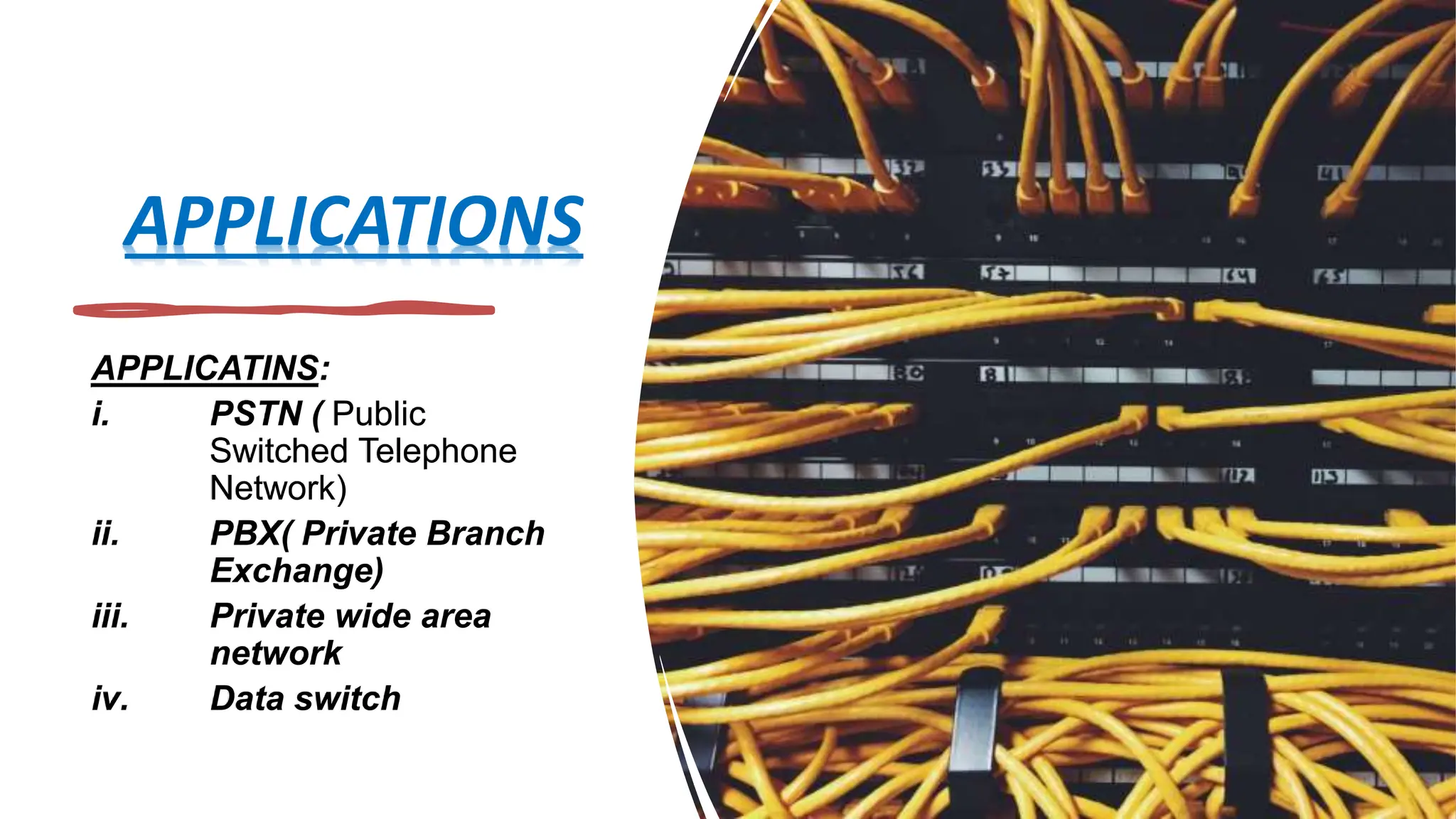 APPLICATIONS
APPLICATINS:
i. PSTN ( Public
Switched Telephone
Network)
ii. PBX( Private Branch
Exchange)
iii. Private wide area
network
iv. Data switch
 