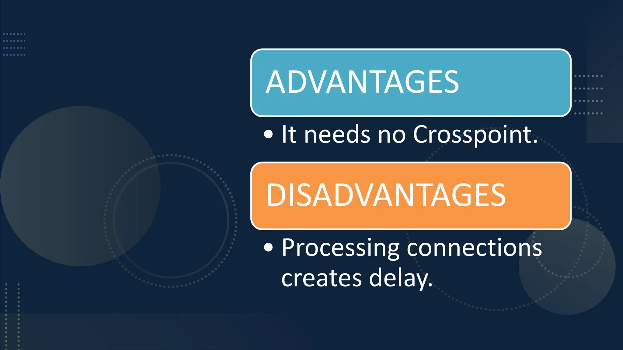 ADVANTAGES
• It needs no Crosspoint.
DISADVANTAGES
• Processing connections
creates delay.
 