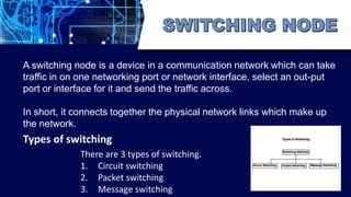 A switching node is a device in a communication network which can take
traffic in on one networking port or network interface, select an out-put
port or interface for it and send the traffic across.
In short, it connects together the physical network links which make up
the network.
Types of switching
There are 3 types of switching.
1. Circuit switching
2. Packet switching
3. Message switching
 