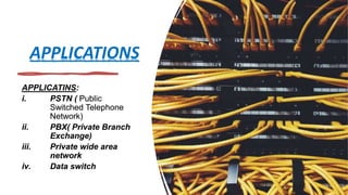 APPLICATIONS
APPLICATINS:
i. PSTN ( Public
Switched Telephone
Network)
ii. PBX( Private Branch
Exchange)
iii. Private wide area
network
iv. Data switch
 