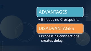 ADVANTAGES
• It needs no Crosspoint.
DISADVANTAGES
• Processing connections
creates delay.
 