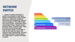 • Layers 2 switch and layer 3
switch are adopted in the Open
System Interconnect (OSI) model,
which is a reference model for
describing and explaining network
communications. The OSI model
has seven layers: application layer,
presentation layer, session layer,
transport layer, network layer, data
link layer and physical layer,
among which layer 2 and layer 3
refer to the data link layer and
network layer respectively, and the
switches working in these layers
are called layer 2 switch and layer
3 switch.
 