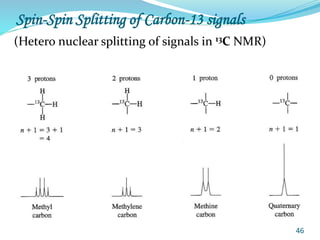 Spin-Spin Splitting of Carbon-13 signals
46
(Hetero nuclear splitting of signals in 13C NMR)
 
