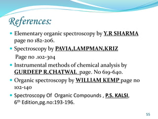 References:
 Elementary organic spectroscopy by Y.R SHARMA
page no 182-206.
 Spectroscopy by PAVIA,LAMPMAN,KRIZ
Page no .102-304
 Instrumental methods of chemical analysis by
GURDEEP R.CHATWAL page. No 619-640.
 Organic spectroscopy by WILLIAM KEMP page no
102-140
 Spectroscopy Of Organic Compounds , P.S. KALSI,
6th Edition,pg.no:193-196.
55
 