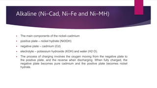 Alkaline (Ni–Cad, Ni–Fe and Ni–MH)
 The main components of the nickel–cadmium
 positive plate – nickel hydrate (NiOOH)
 negative plate – cadmium (Cd)
 electrolyte – potassium hydroxide (KOH) and water (H2 O).
 The process of charging involves the oxygen moving from the negative plate to
the positive plate, and the reverse when discharging. When fully charged, the
negative plate becomes pure cadmium and the positive plate becomes nickel
hydrate.
 