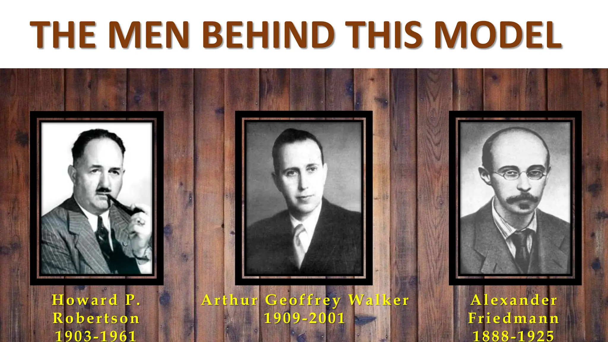 Howard P.
Robertson
1903-1961
Arthur Geoffrey Walker
1909-2001
Alexander
Friedmann
1888-1925
THE MEN BEHIND THIS MODEL
 