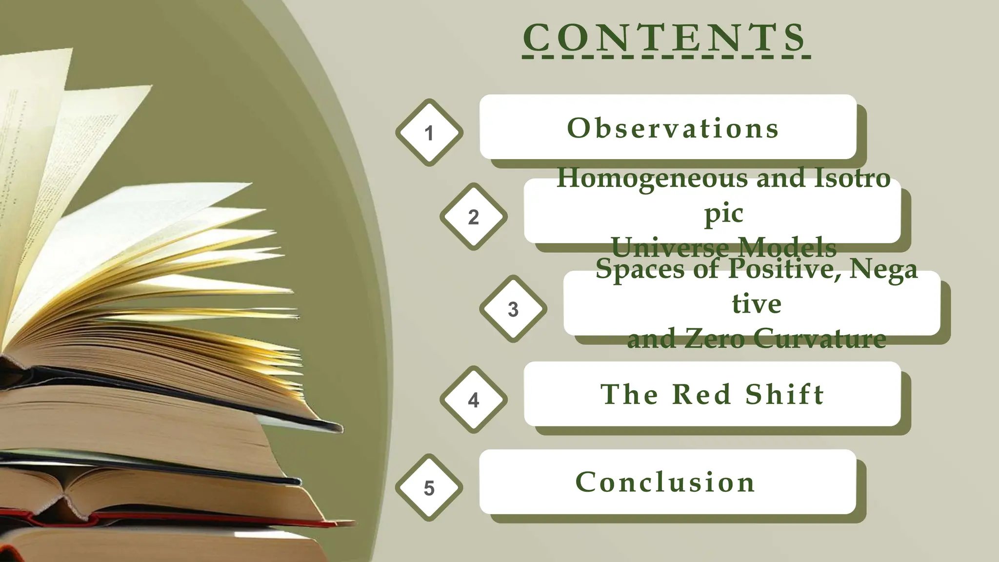 Observations
1
Homogeneous and Isotro
pic
Universe Models
2
Conclusion
5
Spaces of Positive, Nega
tive
and Zero Curvature
3
The Red Shift
4
CONTENTS
 