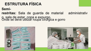 2 0 X X
9
ESTRUTURA FÍSICA
Semi-
restritas: Sala de guarda de material administrativ
o, sala de estar, copa e expurgo.
Onde se deve utilizar roupa cirúrgica e gorro
 
