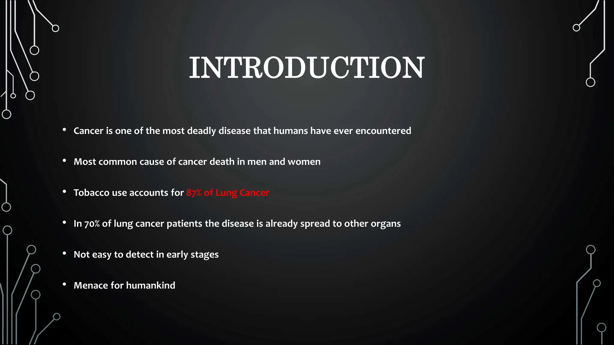 INTRODUCTION
• Cancer is one of the most deadly disease that humans have ever encountered
• Most common cause of cancer death in men and women
• Tobacco use accounts for 87% of Lung Cancer
• In 70% of lung cancer patients the disease is already spread to other organs
• Not easy to detect in early stages
• Menace for humankind
 