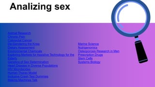 Analizing sex
Animal Research
Chronic Pain
Colorectal Cancer
De-Gendering the Knee
Dietary Assessment
Environmental Chemicals
Exploring Markets for Assistive Technology for the
Elderly
Genetics of Sex Determination
Heart Disease in Diverse Populations
HIV Microbicides
Human Thorax Model
Inclusive Crash Test Dummies
Making Machines Talk
Marine Science
Nutrigenomics
Osteoporosis Research in Men
Prescription Drugs
Stem Cells
Systems Biology
 