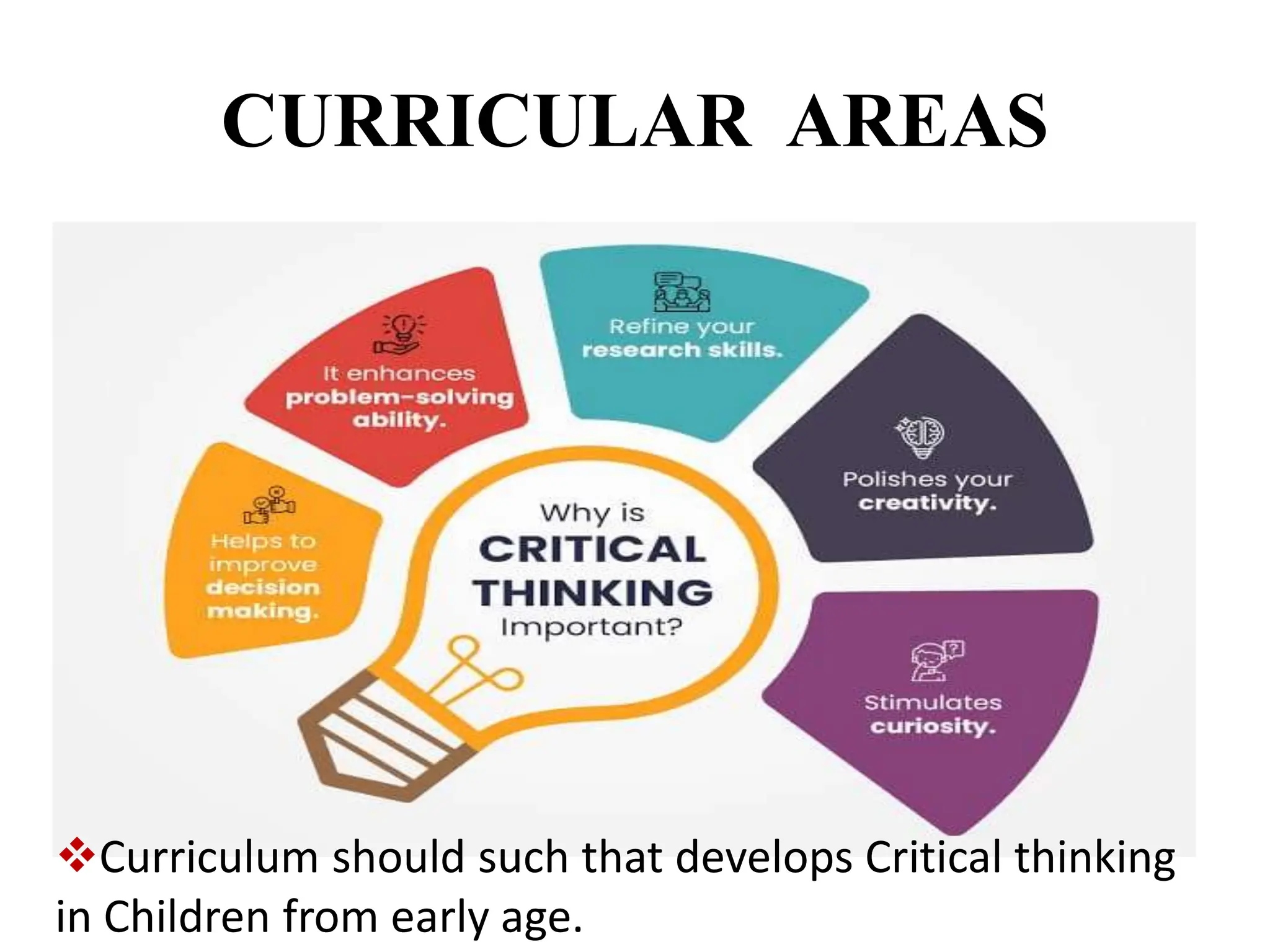 CURRICULAR AREAS
Curriculum should such that develops Critical thinking
in Children from early age.
 