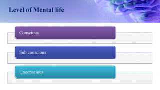Level of Mental life
Conscious
Sub conscious
Unconscious
 